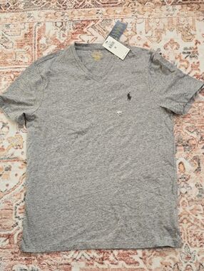 NWT Polo Ralph Lauren Heather Gray V-Neck Logo Tee Custom Slim Fit Med